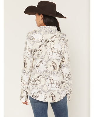WRANGLER RETRO WOMEN'S FLORAL HORSE CONVERSATIONAL PRINT LONG SLEEVE SNAP WESTERN SHIRT-112371692