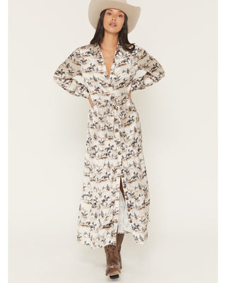 PANHANDLE SLIM WOMEN'S COWBOY RIDER SATIN LONG SLEEVE BUTTON-DOWN MAXI SKIRT-LWD2R07910