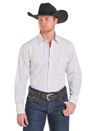 Panhandle Slim Men's White Stripe Long Sleeve Pearl Snap Western Shirt SMN2S07619
