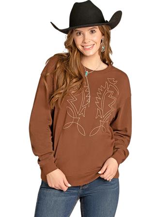 PANHANDLE WOMENS BROWN EMBROIDERED SWEATER