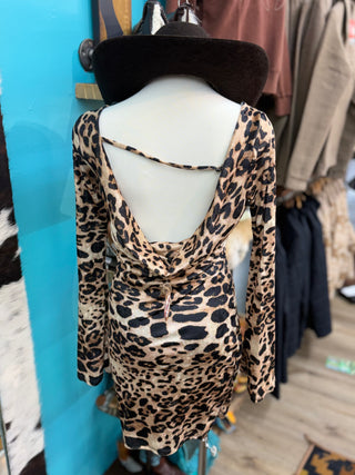 Animal Print Bell Sleeve Mini Dress(Leopard)-BD21822-1