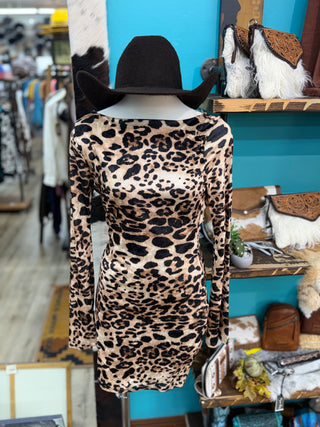 Animal Print Bell Sleeve Mini Dress(Leopard)-BD21822-1