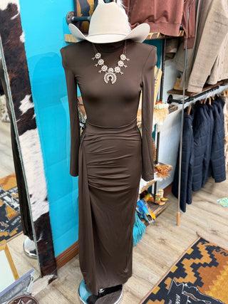 Elegant Mock-neck Ruched Maxi Dress(Coffee)-SAWC2509869-COFFEE