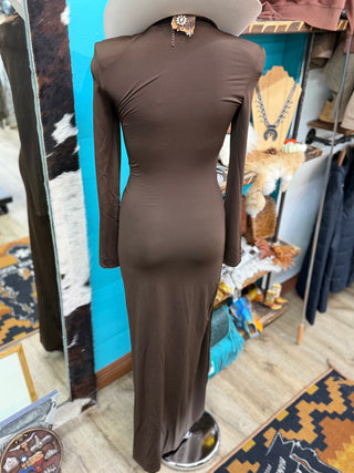 Elegant Mock-neck Ruched Maxi Dress(Coffee)-SAWC2509869-COFFEE