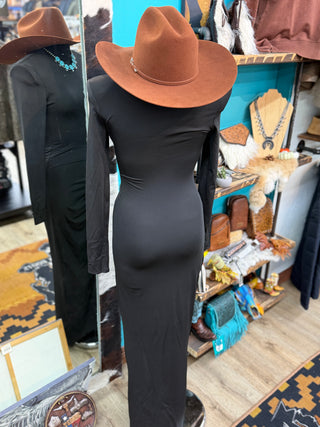 Elegant Mock-neck Ruched Maxi Dress(Black)-SAWC2509869-BLACK