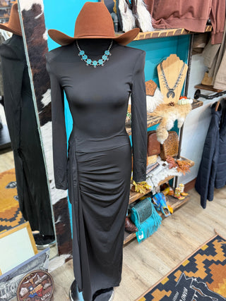 Elegant Mock-neck Ruched Maxi Dress(Black)-SAWC2509869-BLACK