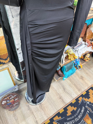 Elegant Mock-neck Ruched Maxi Dress(Black)-SAWC2509869-BLACK