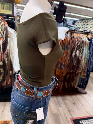 Throw and Go Asymmetric Drape Bodysuit (Olive Brown)-FBS13199-CP723￼