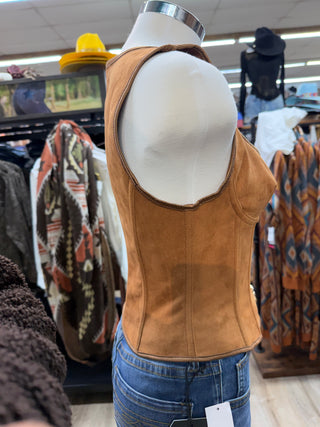 Western sleeveless suede button front top with gold buttons