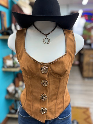 Western sleeveless suede button front top with gold buttons