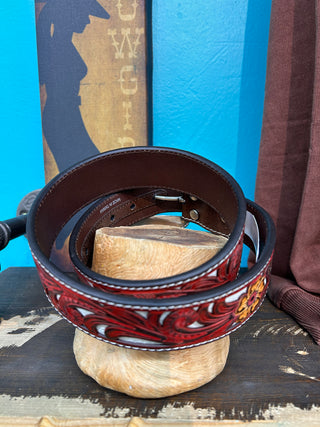 Nocona Ladies Floral Belt- Red/Brown