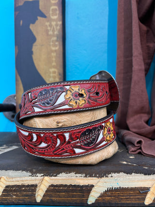 Nocona Ladies Floral Belt- Red/Brown