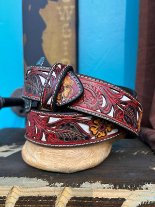 Nocona Ladies Floral Belt- Red/Brown