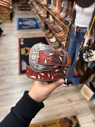 Nocona Ladies Floral Belt- Red/Brown