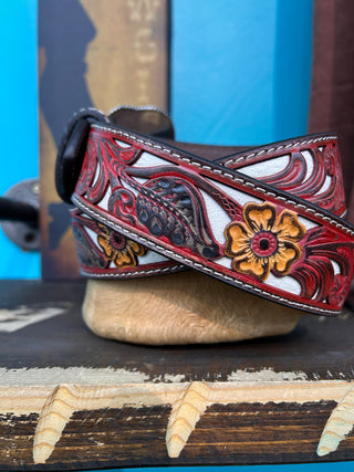 Nocona Ladies Floral Belt- Red/Brown