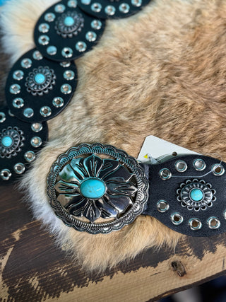 ONE SIZE BLACK AND SILVER CONCHO BELT WITH TURQUOISE -TTB-244