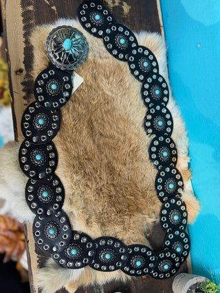 ONE SIZE BLACK AND SILVER CONCHO BELT WITH TURQUOISE -TTB-244
