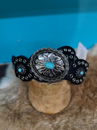 ONE SIZE BLACK AND SILVER CONCHO BELT WITH TURQUOISE -TTB-244