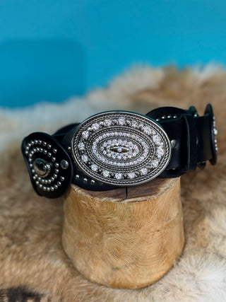 ONE SIZE CONCHO BELT WITH RHINSTONES (BLACK)-IW60012SL