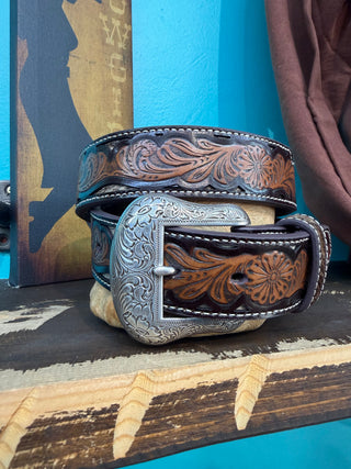 Nocona Men’s Floral Tooled Calf Hair Belt - (Brown) N210008347