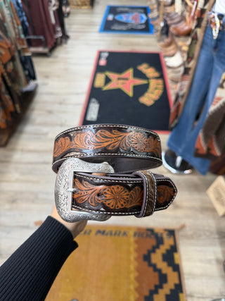 Nocona Men’s Floral Tooled Calf Hair Belt - (Brown) N210008347