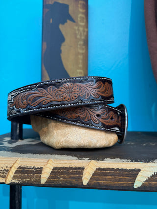 Nocona Men’s Floral Tooled Calf Hair Belt - (Brown) N210008347
