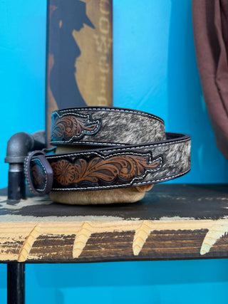 Nocona Men’s Floral Tooled Calf Hair Belt - (Brown) N210008347