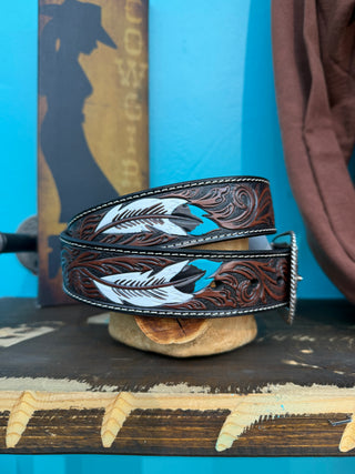 Ariat Men’s Feather Tooled Western Belt - (Brown) A1038602