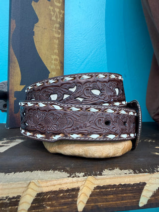 Nocona Men’s Lacing Embossed Floral Contrast Belt - (Brown) N2410908