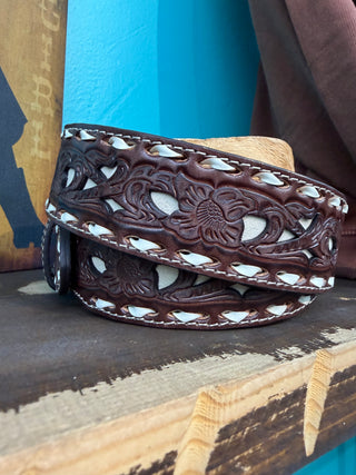 Nocona Men’s Lacing Embossed Floral Contrast Belt - (Brown) N2410908