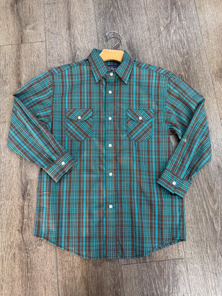Panhandle Rough Stock Boys Long Sleeve Snap Shirt (Teal/Brown) RSBS0SRYT3
