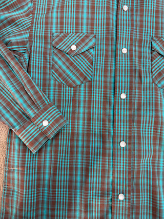 Panhandle Rough Stock Boys Long Sleeve Snap Shirt (Teal/Brown) RSBS0SRYT3
