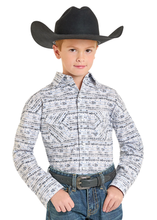 Panhandle Rough Stock Boys Geo Long Sleeve Snap Shirt (Blue) RBN2S07084
