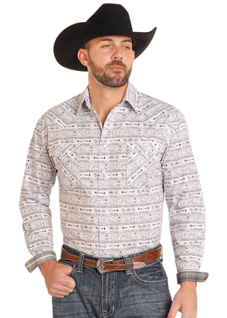 Panhandle Rough Stock Southwestern Aztec Long Sleeve Snap Shirt(Black)RMN2S04611