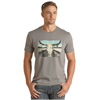 Rock & Roll Cowboy Men's Longhorn Graphic T-Shirt(Grey)-RRMT21RZM