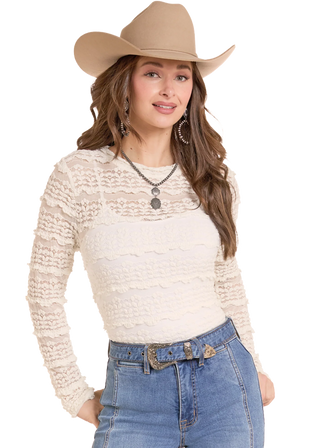 Rock & Roll Denim Women’s Lace Knit LS Top (Cream) BW22T09956