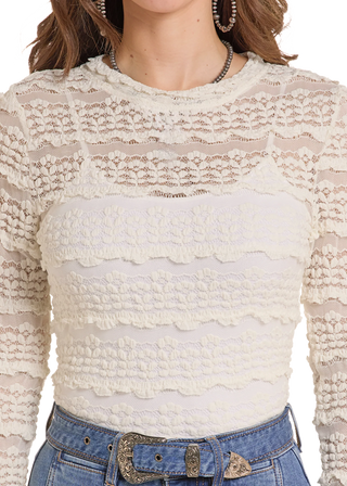 Rock & Roll Denim Women’s Lace Knit LS Top (Cream) BW22T09956