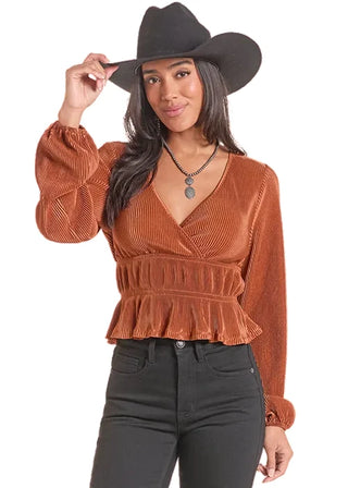 Rock & Roll Denim Women’s Plisse Blouse (Rust) BW22T09970