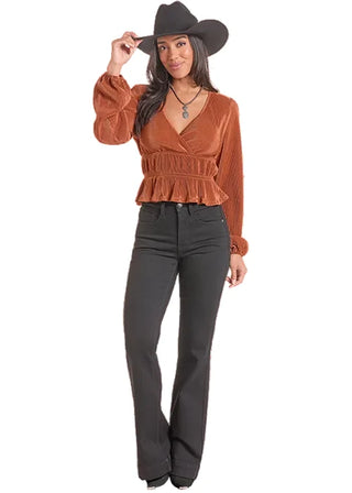 Rock & Roll Denim Women’s Plisse Blouse (Rust) BW22T09970