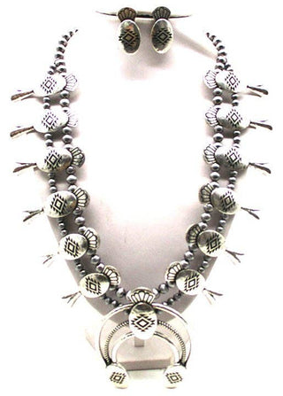 Western Metal Squash Blossom Navajo Bead Necklace Set