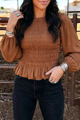Western Solid Color Smocked Ruffle Hem Long Sleeve Blouse: Coffee / L