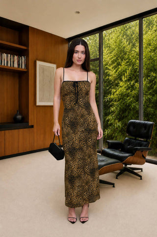 LEOPARD PRINT SPAGHETTI STRAP FRONT TIE MIDI DRESS: TAUPE MULTI