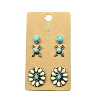 Western 3 Pair Turquoise Earring Set: White