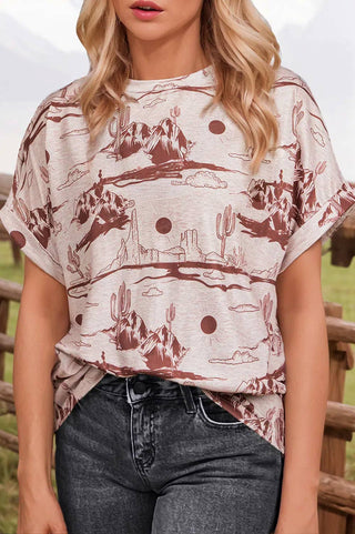 Women’s Western Print T-Shirt (Brown)