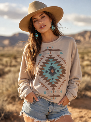 AV1171-KELLY AZTEC GRAPHIC SWEATSHIRT : Khaki / Contemporary / L